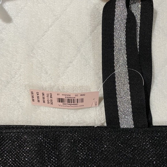 Victoria’s Secret Sparkling Black Canvas Tote Bag Silver Logo Shimmer Straps NWT - Picture 4 of 8